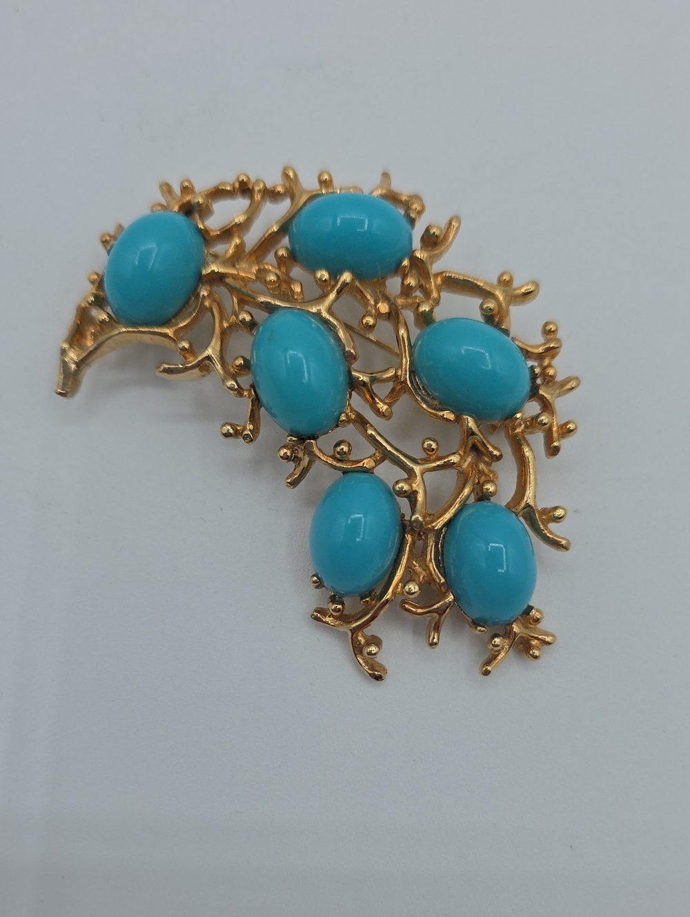 Gold Tone Brooch with Turquoise Cabochons - Vintage